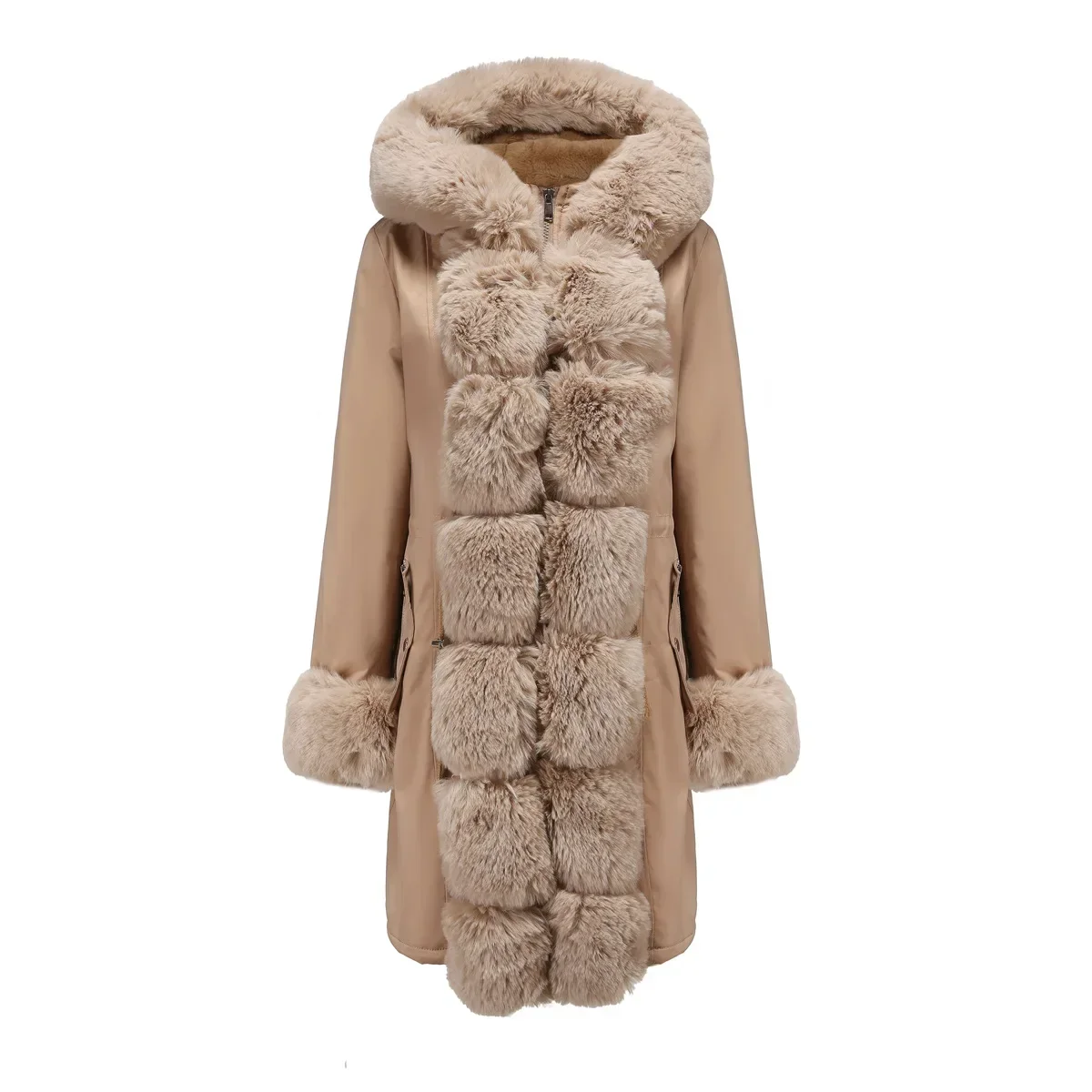 

2024 Winter New Coat Women Detachable Fleece Collar Mid-length Hooded Jacket Loose Thick Warm Windproof parkas Outwear Plus Size