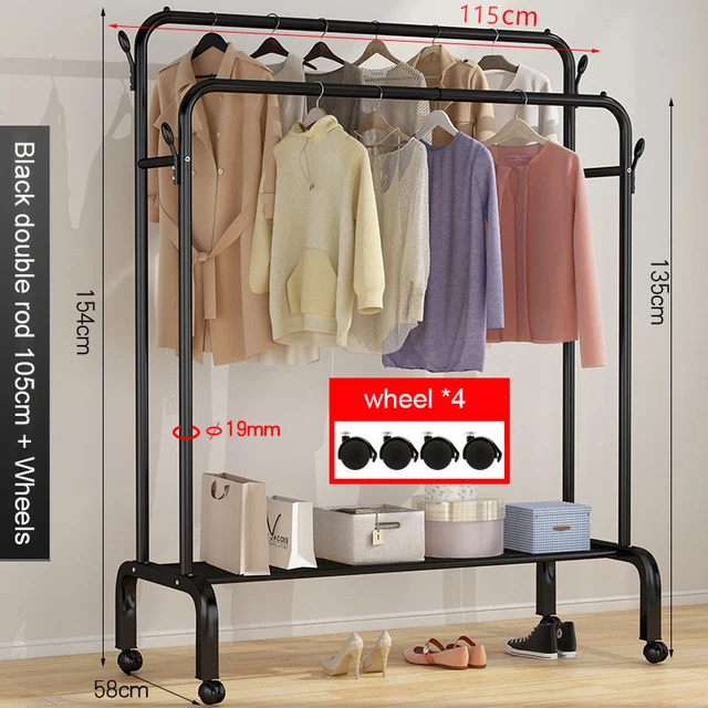 Garment Rack Floor Standing Clothes Hanger Double Pole Coat Rack Wardrobe Clothing Drying Rack Mobile Cloth Rail Home Furniture B wheel Double 105cm