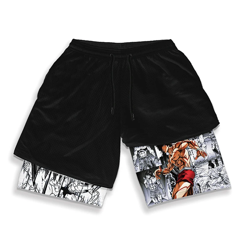 Sports Shorts Quick Drying Shorts Sport Shorts Running Shorts Casual Shorts Men's Anime Hanma Baki Fitness Shorts Printed Black Double Layer 2 In 1 Quick-drying Shorts Fitness Running Sports Summer