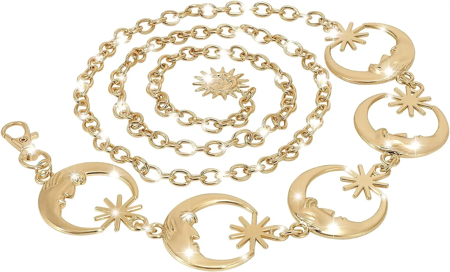 Ceinture Chaîne Femme Anneau Lune Soleil Métal - Longueur Réglable, Dorée Ou Argentée, Pour Robe Ou Jean