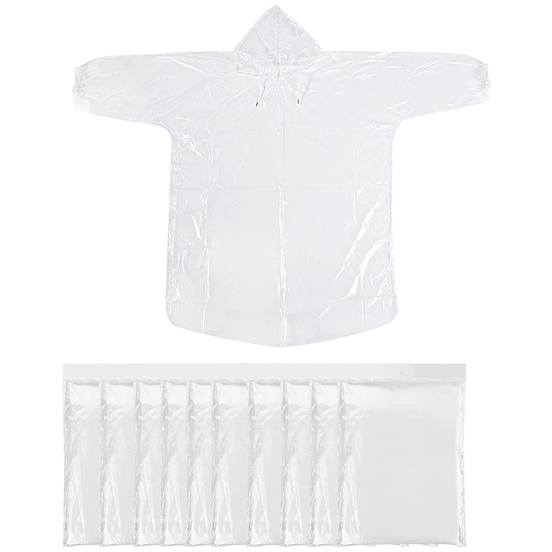 NEW-10Pcs 일회용 레인 판초, 드로스트링 후드가 있는 투명 방수 비옷, 휴..