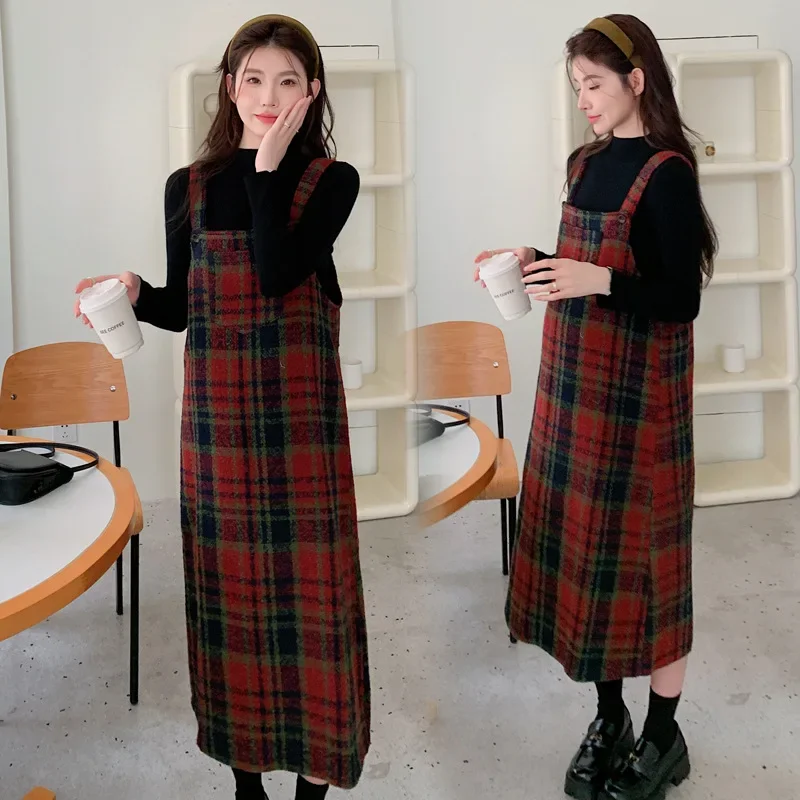 Autumn/Winter New Vintage Red Plaid Maternity Suit Half Polo/Turtle Neck Knit Base Layer Pregnant Women Clothing Set