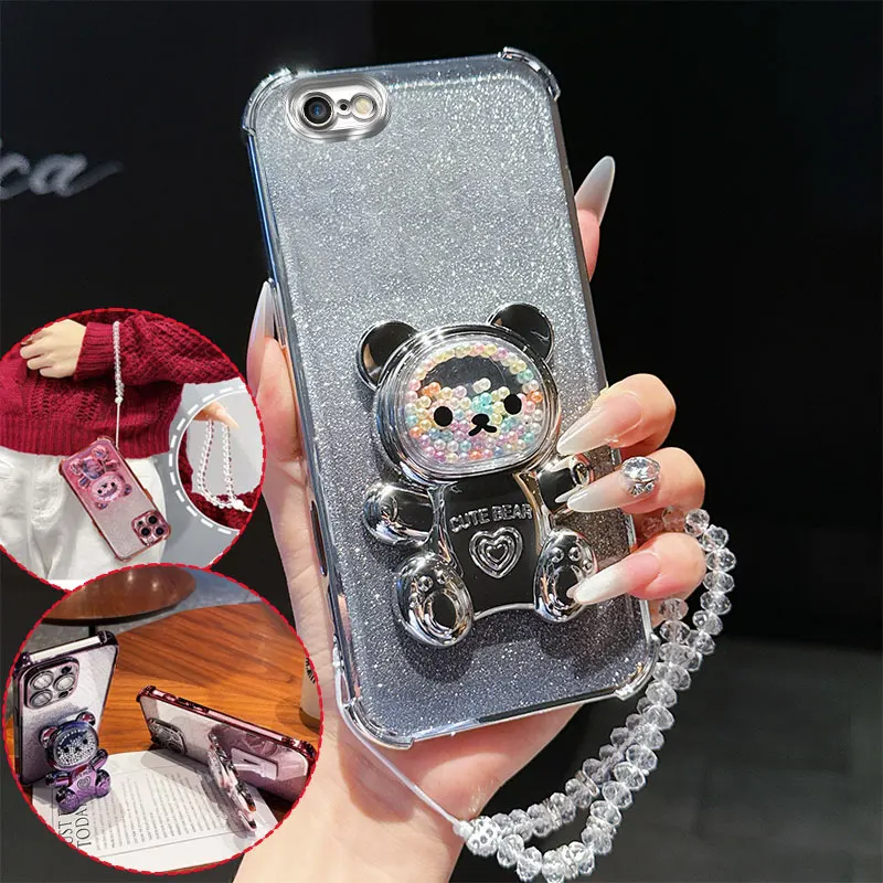 Shockproof Phone Case with 3D Bear Stand and Glitter Crystal Chain Lanyard