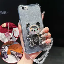 Shockproof Phone Case with 3D Bear Stand and Glitter Crystal Chain Lanyard for iPhone 8 (Silver)
