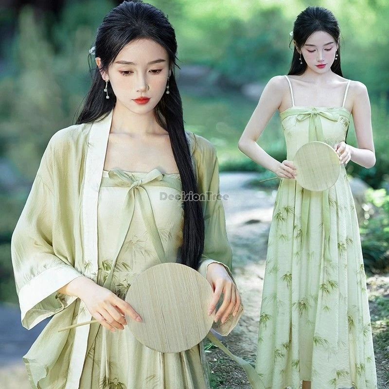 

2024 new vintage chinese style tea hanfu set fairy daily gentle temperament suit exquisite bamboo printing elegant classical set