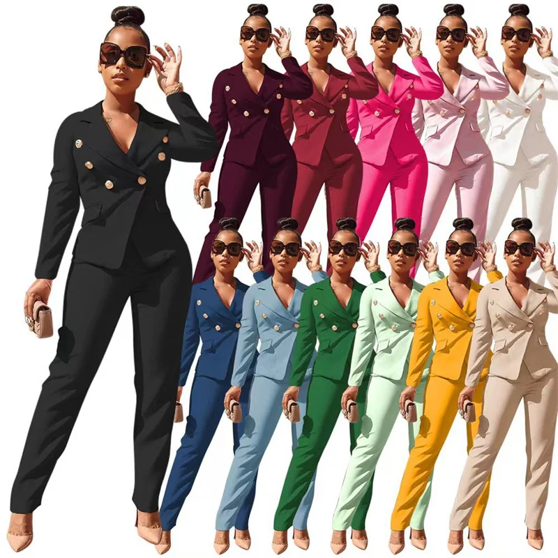 Elegant Office Lady Two Piece Set for Women Long Sleeve Double Breasted Blazer Coat and Pencil Pant Suits Matching Sets Uniform