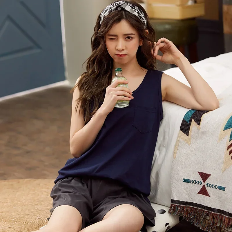 Summer Women's Pajamas Vest Style Cotton Sleeveless Suit Women's Shorts 2-piece Set Thin Cute Home Service Large Size Pajama Set