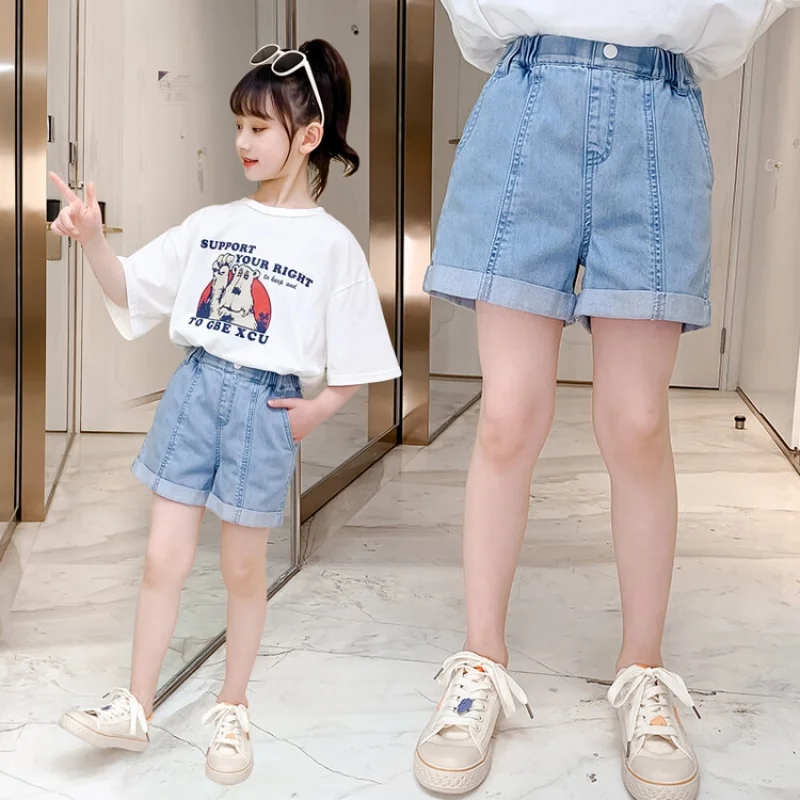 여아 데님 반바지, 한국 스타일 아동복, 단색 십대 소녀 청바지 반바지, 패션 복장 하의 5-15 세