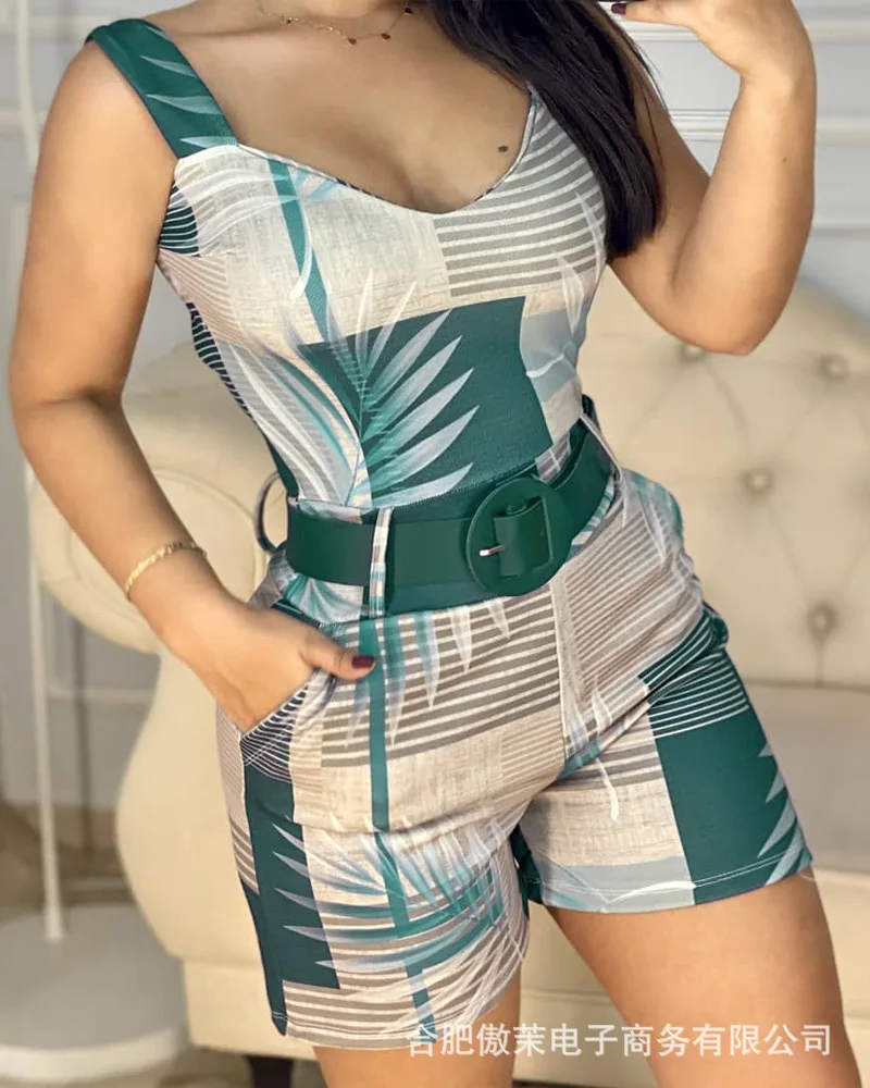 Women's Summer Low Neck Suspender with European and American Plant Print Color Blocking Belt Tight Fitting Jumpsuit Shorts