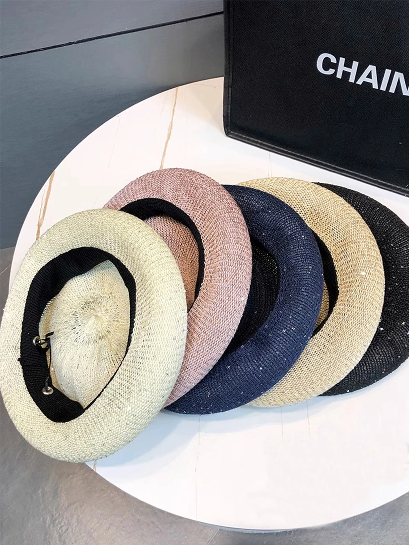 Hot Sale Spring and summer new cut-out sequin berets, thin cloud adjustable size, knitted breathable hundred painter hats, women_voghion.com