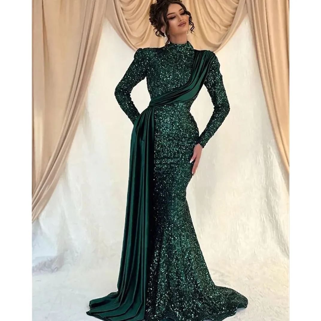 

Emerald Green Velour Sequins Evening Dresses Elegant 2023 Long Sleeves Mermaid Formal Prom Gowns Dubai For Women Party Dress