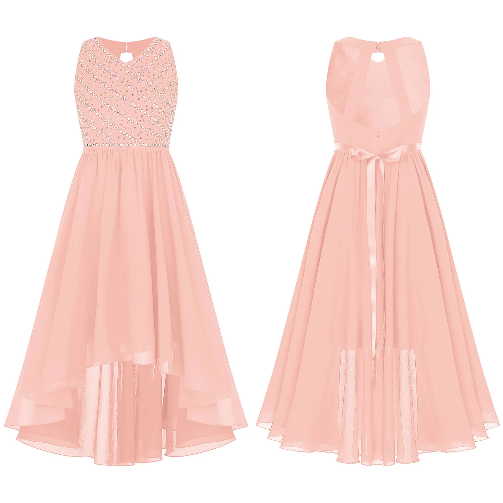 

TiaoBug Kids Girls Evening Dress High-low Hem Party Gown Dress Sleeveless Backless Rhinestones for Birthday Flower Girl Wedding