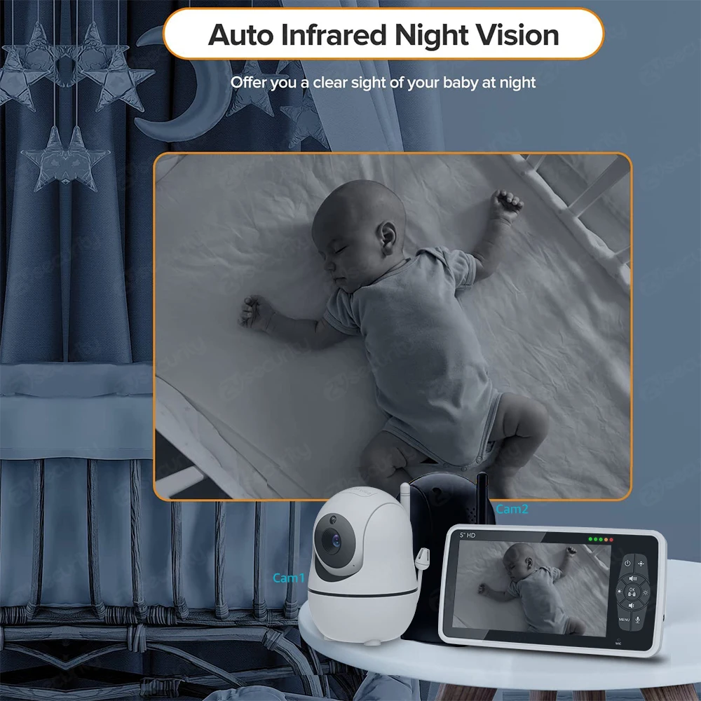 HD Baby Monitor com 2 Câmeras, Pan-Tilt, Zoom 4X, 2-Way Audio Baby Camera, Nanny Night Vision, 22-Hour Battery Video Babá, 5 polegadas