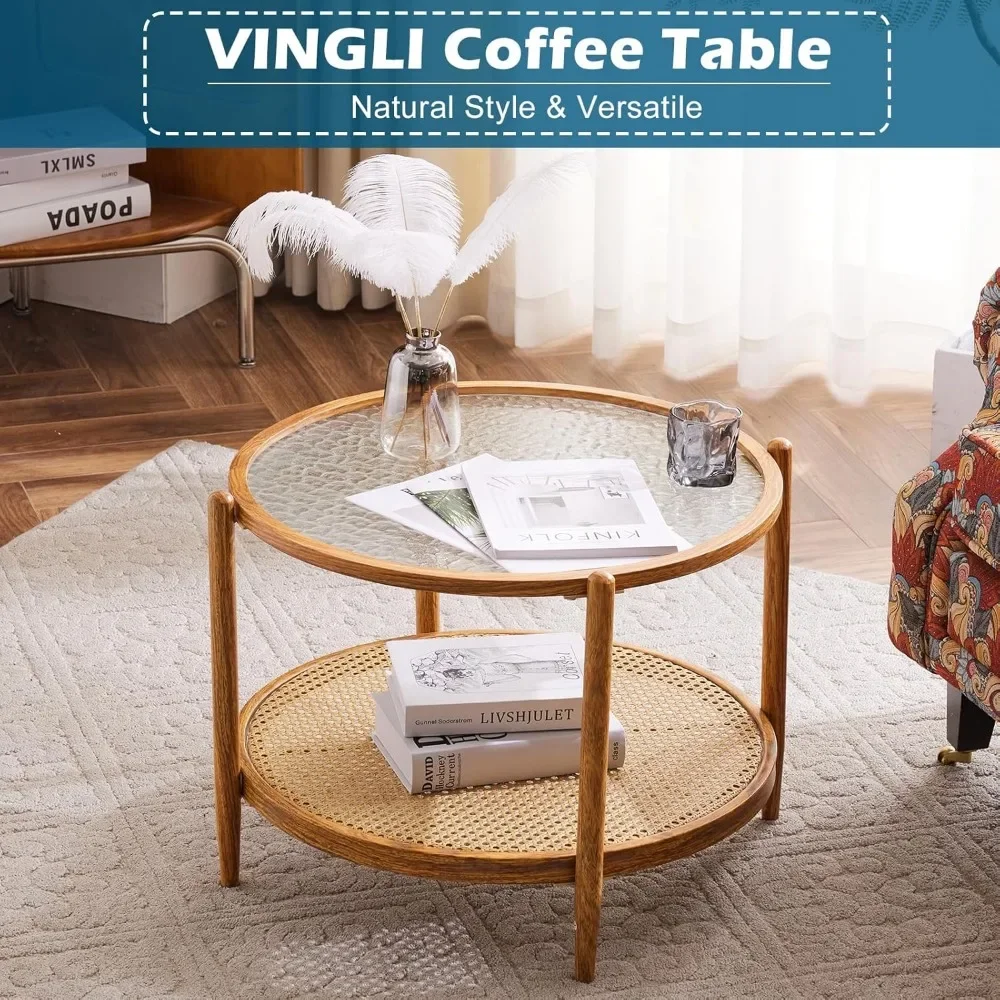 25.6" Rattan Coffee Table, Round Water-Wave Glass Metal Center Table  Modern Coffee Table 3