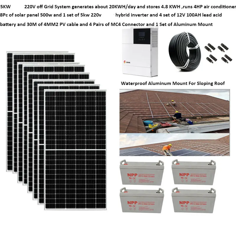 Kit Solar completo con batería, 5000W, 5kW, 220V, 110V, Panel Solar, 500W,  montaje a tierra fuera de la red, inversor híbrido de Growatt, Villa  doméstica - AliExpress