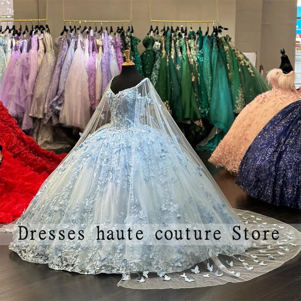 

Sky Blue Quinceanera Dresses Ball Gown 2023 With Cape Beaded 3D Flower Butterfly Party Gowns Sweet 16 Dress Vestido De 15 anos