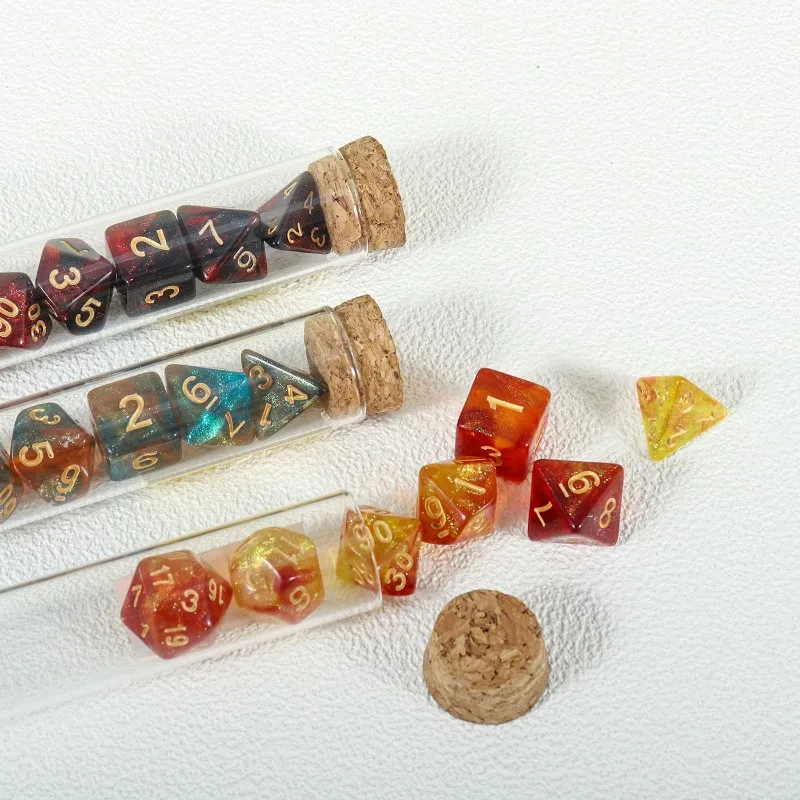 스타 글리터 DND 7개 다면체 주사위 세트, 둥근 바닥 유리병에 담겨, 크툴루 테이블탑 롤플레잉 게임 소품, 휴대용