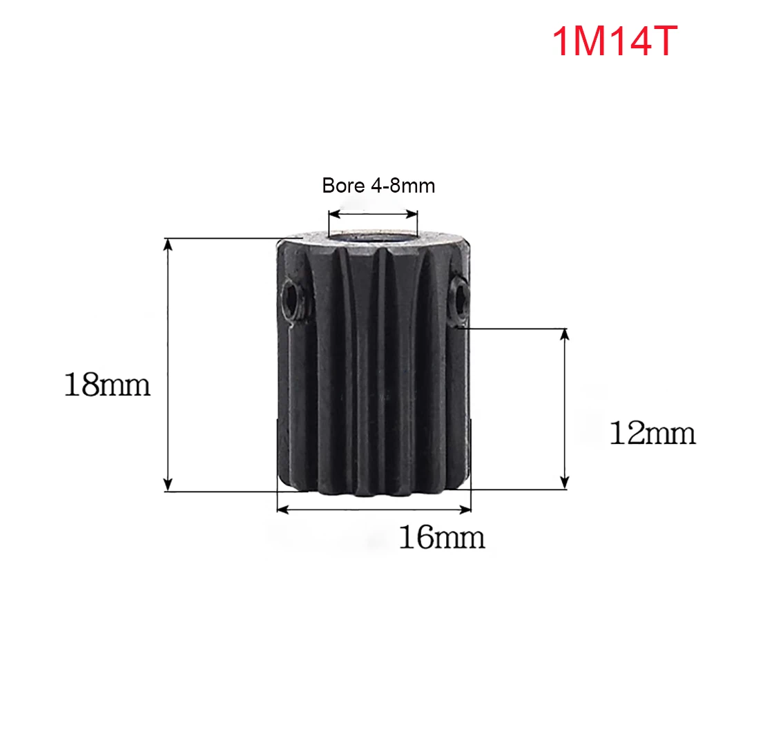 Description Picture 5 of item1/2/5Pcs 1 Mod Pinion Gears 10T 12T 14T Motor Gear 1M 45# Steel Blackening Mechanical Transmission Spur Gear Bore 4-8mm