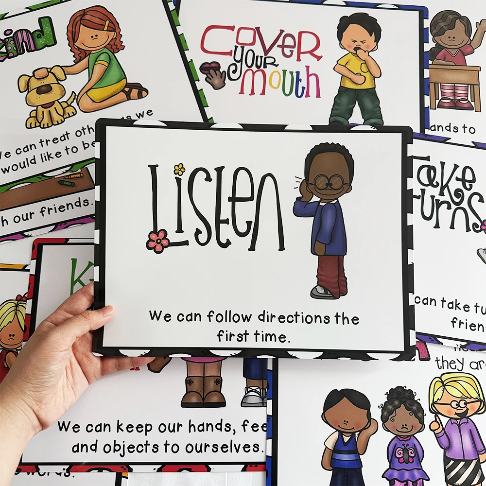 9Pcs Classroom Rules Educational Posters for Preschool Home Classroom Wall Decor Teacher Teaching Aids Montessori Learning Toys 4