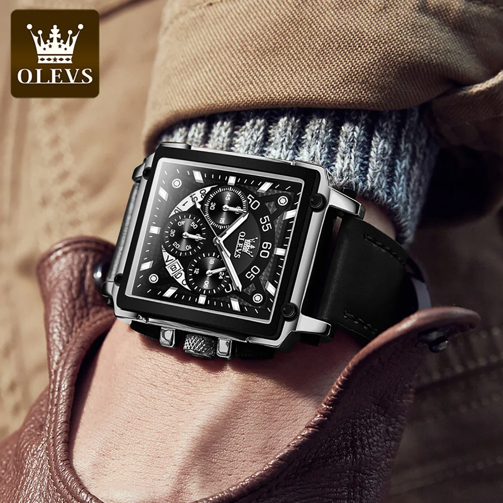 OLEVS Quartz Square Watches for Men Luxury Leather Strap Calendar Waterproof Luminous Wristwatches Sport Clock Relogio Masculino