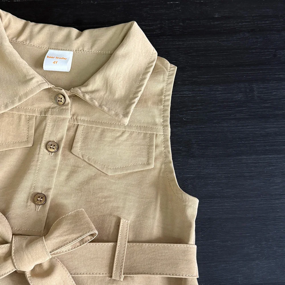 Koreanische Version Khaki Mädchen Casual Kleider Ärmel Flip Kragen Arbeitskleidung Kinder Kleid Sommer Neue Einfarbig kinder Kleidung – Detail 7