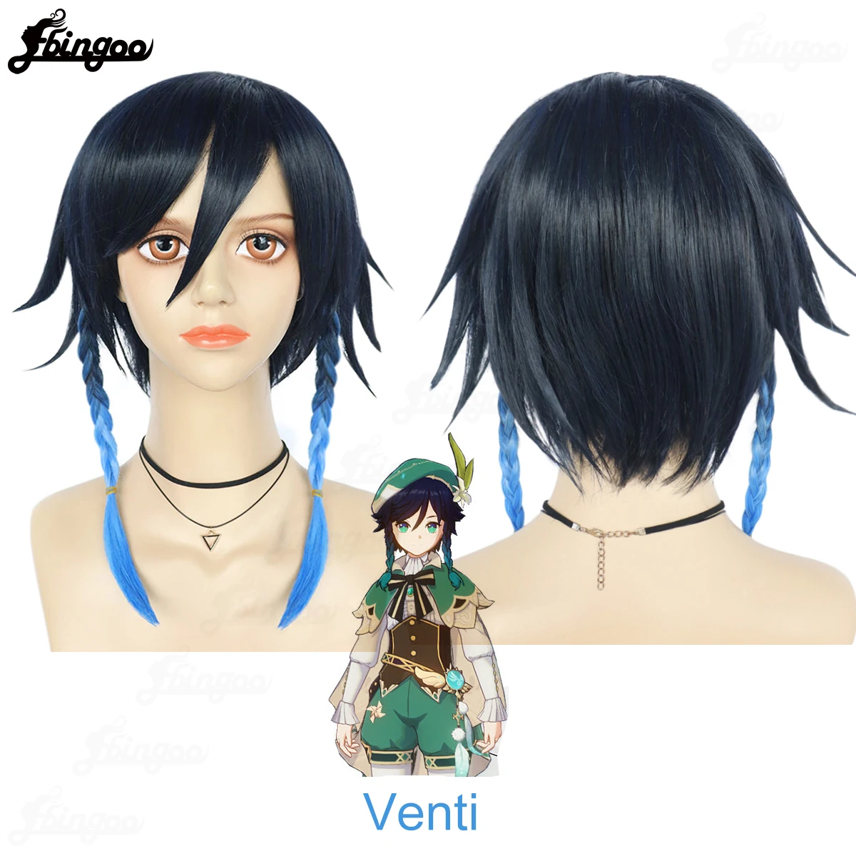 Ebingoo Game Genshin Impact Venti Cosplay Wig Ombre Blue Wigs With Braids Ponytails Bangs Synthetic Hair Wig for Halloween Party ranyu genshin impact klee wig synthetic straight short blonde game cosplay hair heat resistant wig for party