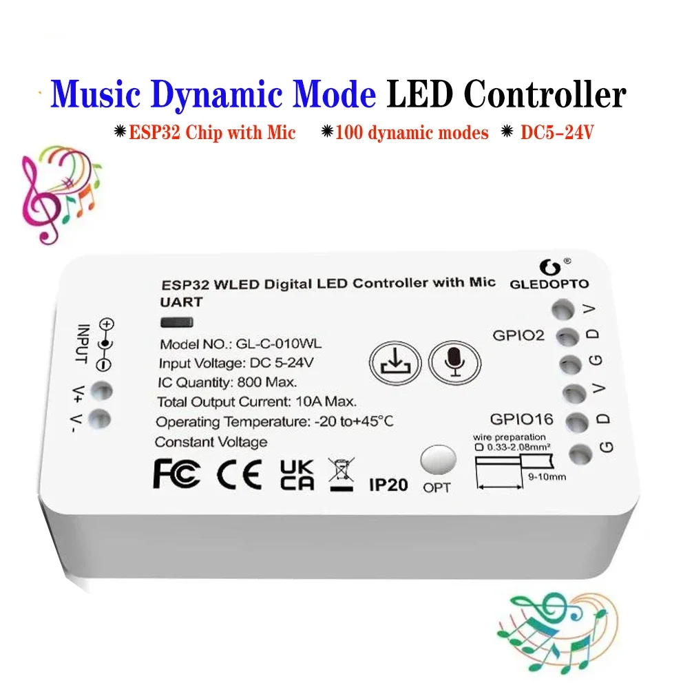 led wi fi addressable music spectrum controller kit built in 2x2048 pixels 252 color chasing modes support device GLEDOPTO  Mic Music Dynamic Modes LED Controller  For WS2811 WS2812 SK6812 TM1814 WS2813 WS2815 Strip Lights DC5-24V