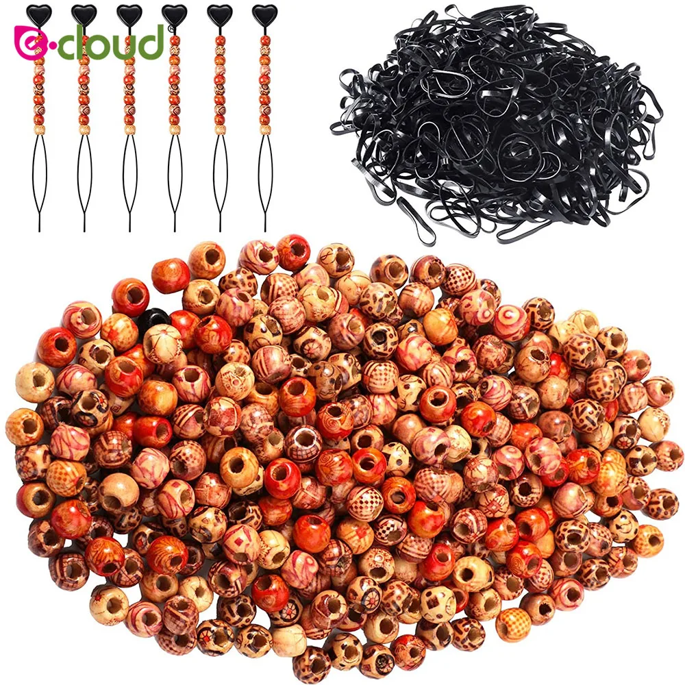 Wooden Hair Beads 100 Pcs 12 mm Rubber Band 100 Pcs Beader Tool 201Pcs/Set For Women Kids Hair Braiding