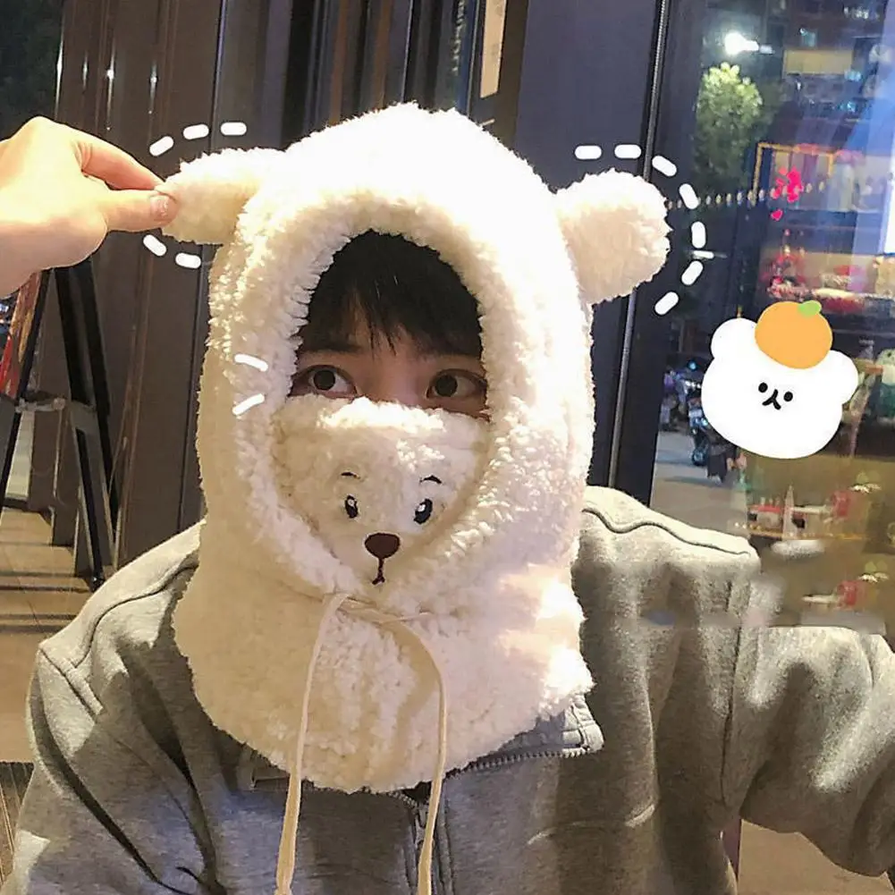 Winter Balaclava Hat With Mask One-piece Cute Bear Lamb Beanie Hats Warm Thicken Ear Protection Skullies Beanies For Women Girl