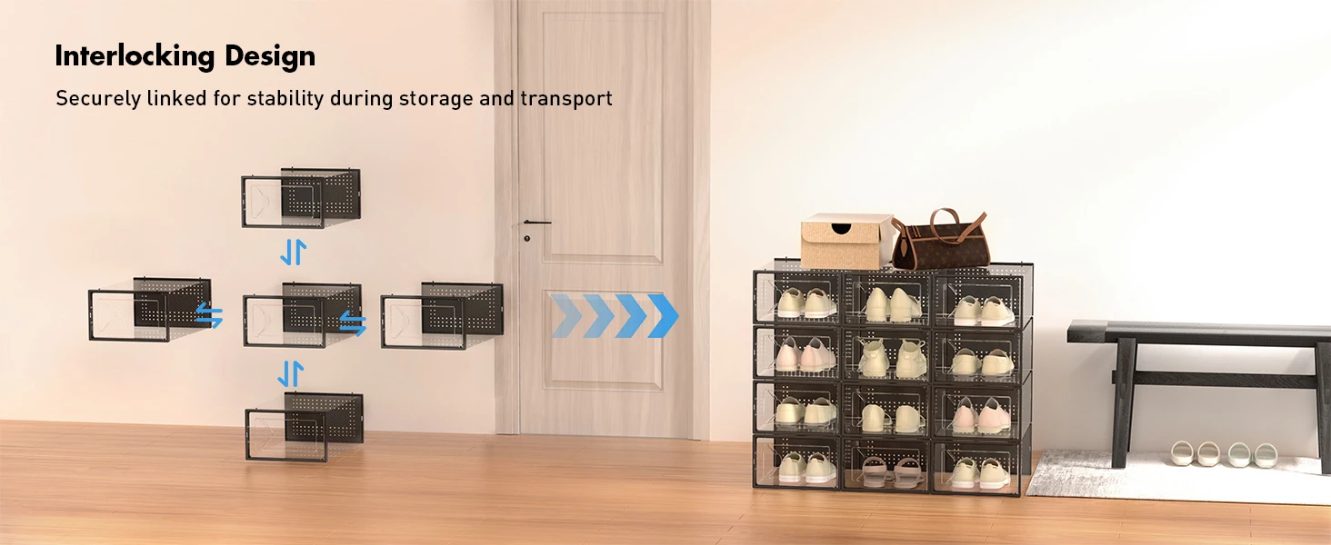 Description Picture 5 of itemNew Shoe Storage Boxes Organizers Clear Plastic Stackable 12 Pack, Shoe Rack & Holder Substitute, Sneaker Containers Black