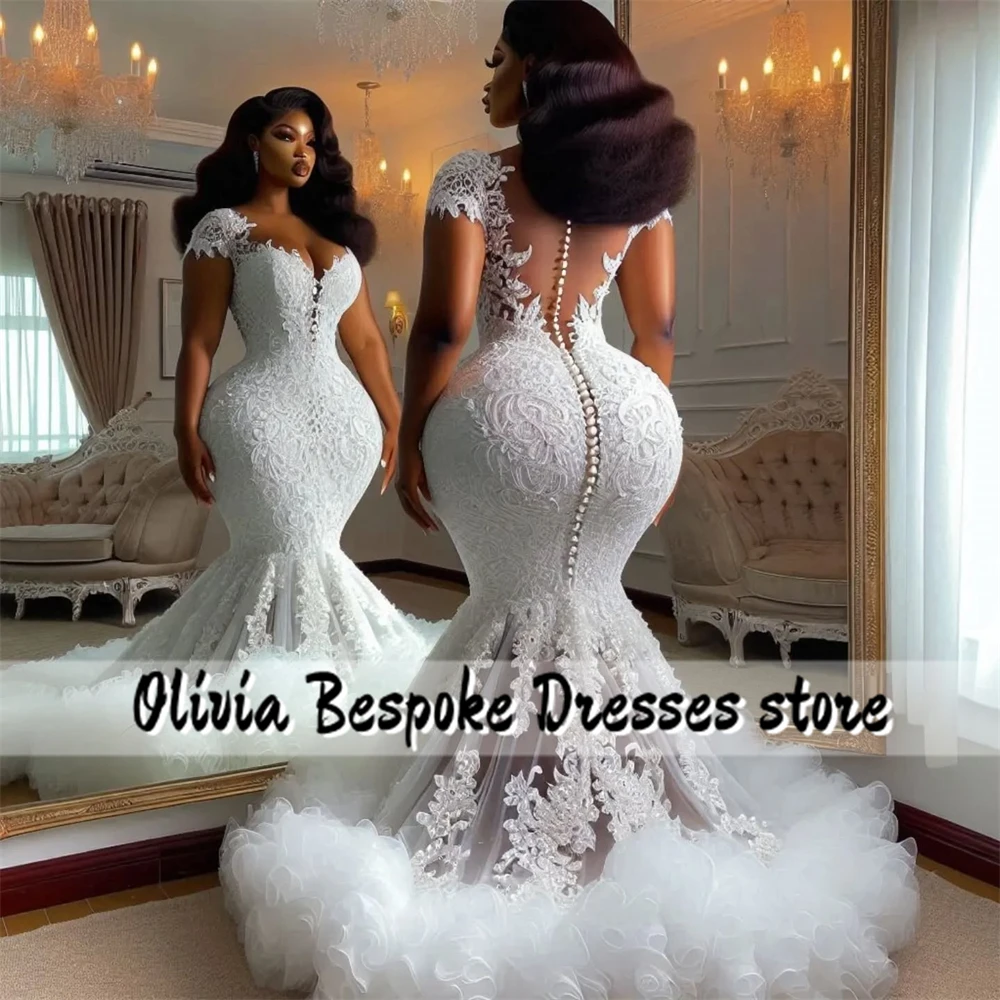 Button Back Tulle Ruched Train Aso Ebi Wedding Dresses 2