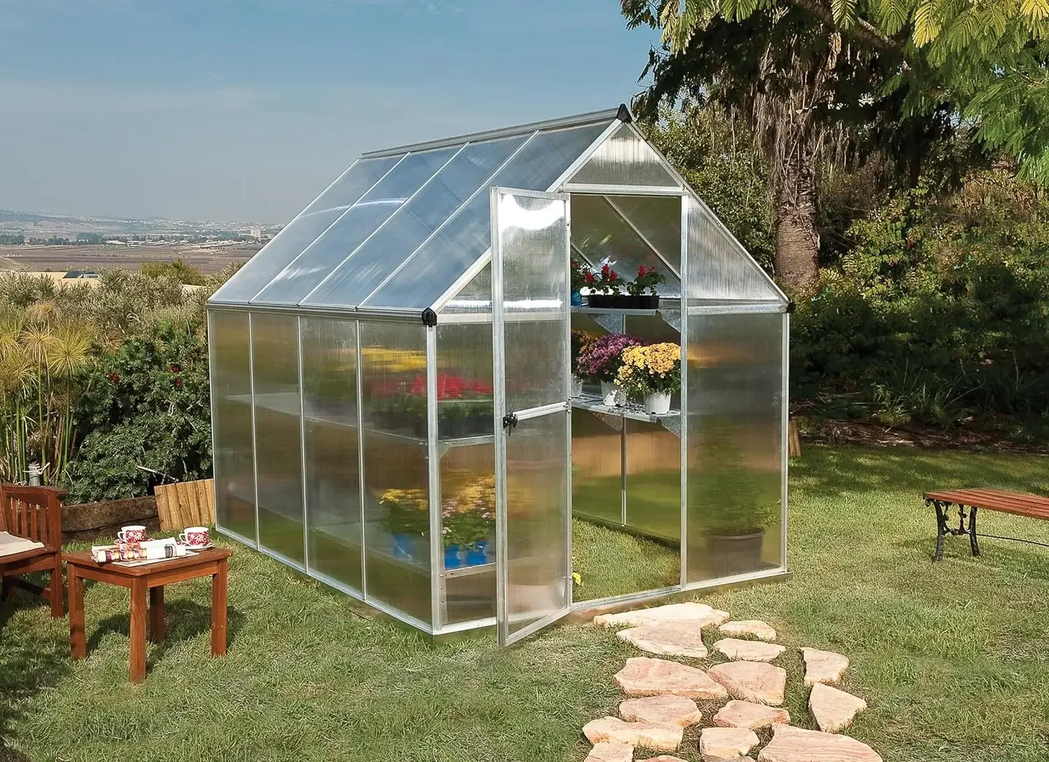 Palram Canopia Greenhouse Kit 6 FT Hobby Walk-In Polycarbonate twin-wall Heavy Duty Aluminum Frame Lockable Door and Vent