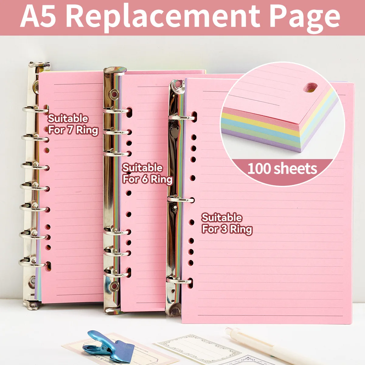 交換用コアナノページマッシュルームa5ラインルーズリーフ紙、3穴、6穴