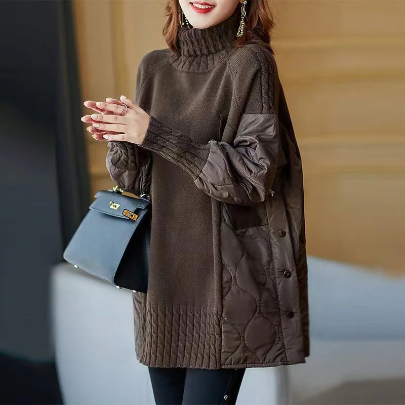 Новинка Осень-зима 2023, стильный свитер в стиле пэчворк с высоким воротником, женская модная свободная термокуртка средней длины, дизайнерская нишевая куртка
