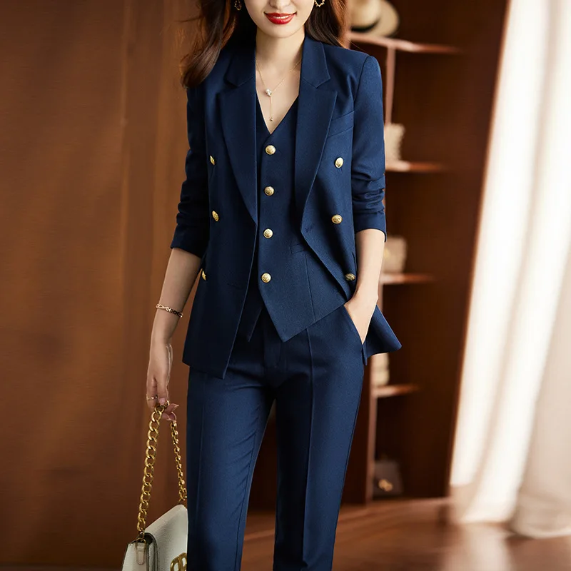 Women's Spring Fall Office Suit Fashion Blazer&Vest Pantsuit Simple Solid  Color Long Sleeve Trousers Blazers Pants Sets