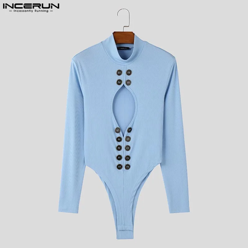 Men Bodysuits Jumpsuit American Style Hollowed Button