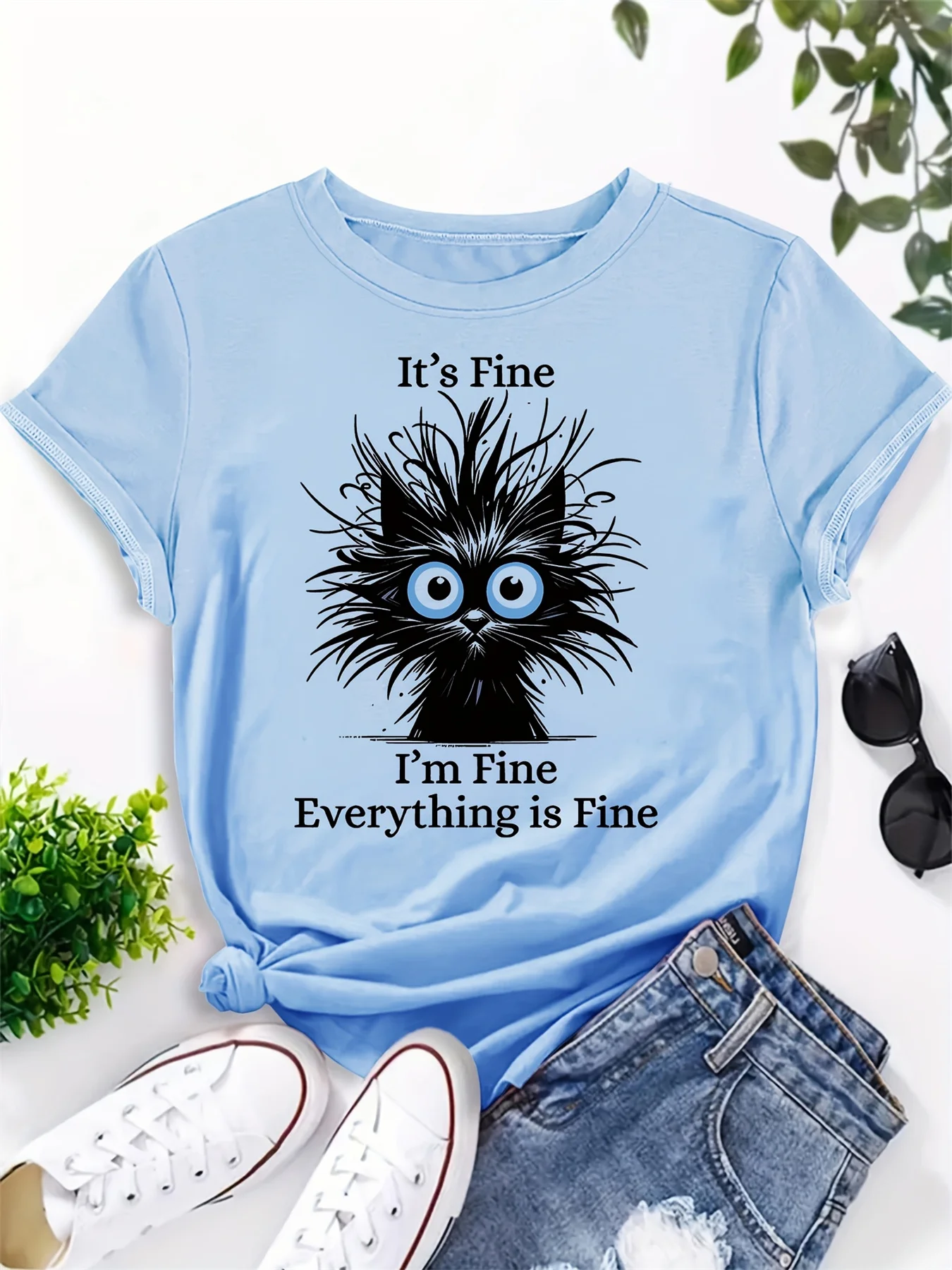 Summer women's 100% pure cotton satirical cat pattern printed casual and comfortable loose round neck short sleeved T-shirt top 2