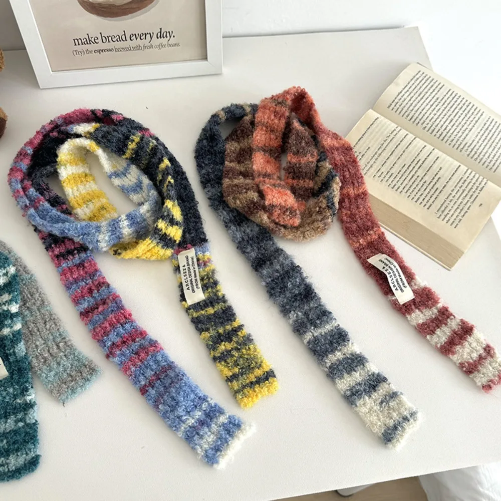 Y2K Multicolour Knitted Scarf Rainbow Stripe Comfortable Long Narrow Scarves Long Thin Scarf