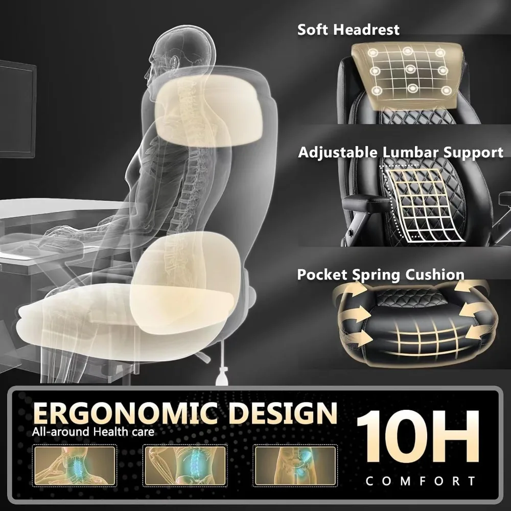 600LBS Large Heavy Duty Office Chair with 5D Flip Arms, Big and Tall Office Chair with Pocket Spring Cushion, Extra Wide Desk Ch 5