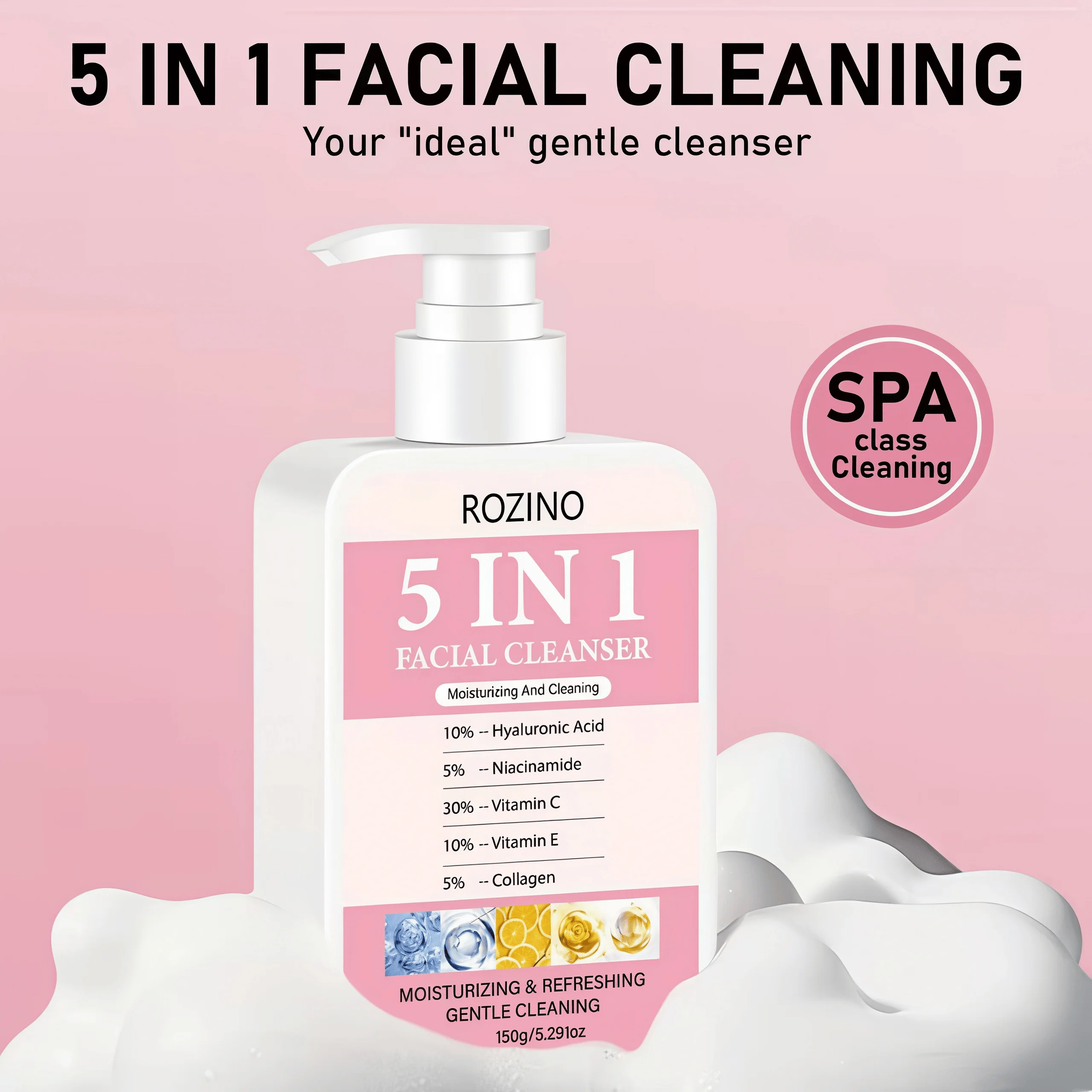 Hydrating and Brightening 5-in-1 Facial Cleanser with Hyaluronic Acid, Niacinamide, Vitamin C, Vitamin E, and Collagen - Deep Cleansing and Moisturizing Formula for Radiant Skin