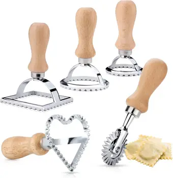 Ravioli Stamp Maker & Cutter – Wooden Handle Roller Wheel for Pasta, Dumplings, Pierogi & Lasagna (1/2/4/5-Piece Set)