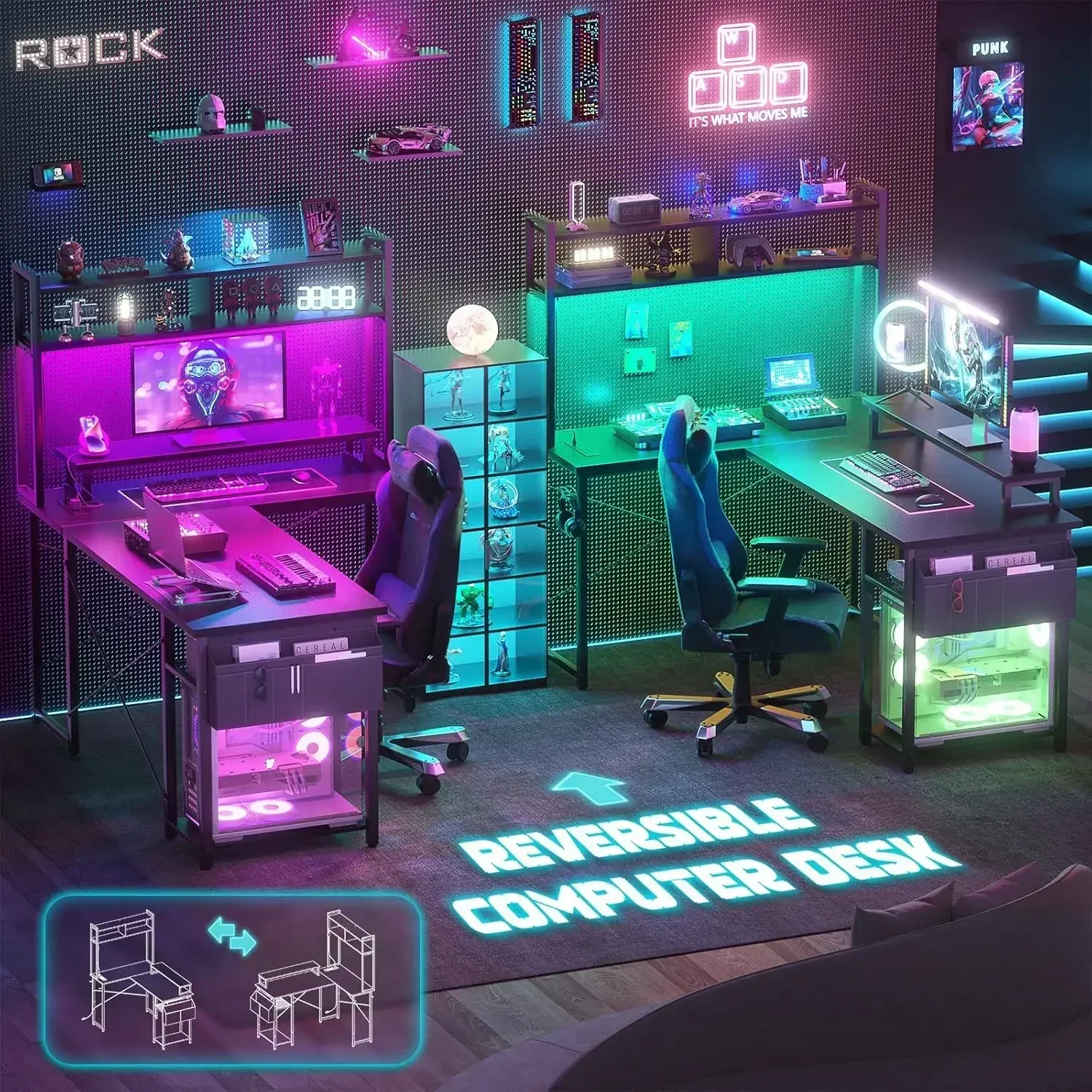 New2025-Small L Shaped Gaming Desk with LED Lights & Power Outlets, Reversible L-Shaped Computer Desk with Monitor Stand & Stora