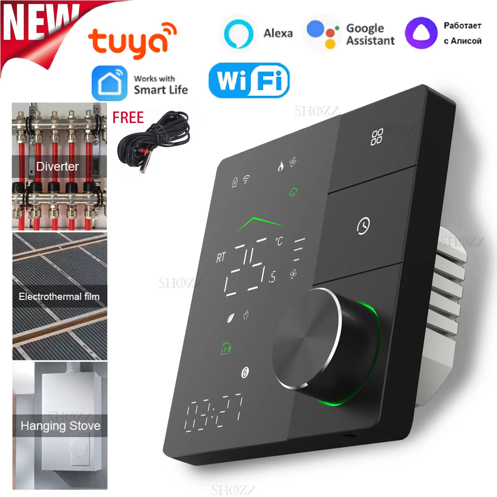 Termostatos Inteligentes Programáveis Tuya para Caldeiras a Gás Válvulas de Água e Pisos Elétricos com Controle Remoto Wifi Compatíveis com Capacidades de Controle por Voz de Alexa Google e Yandex.