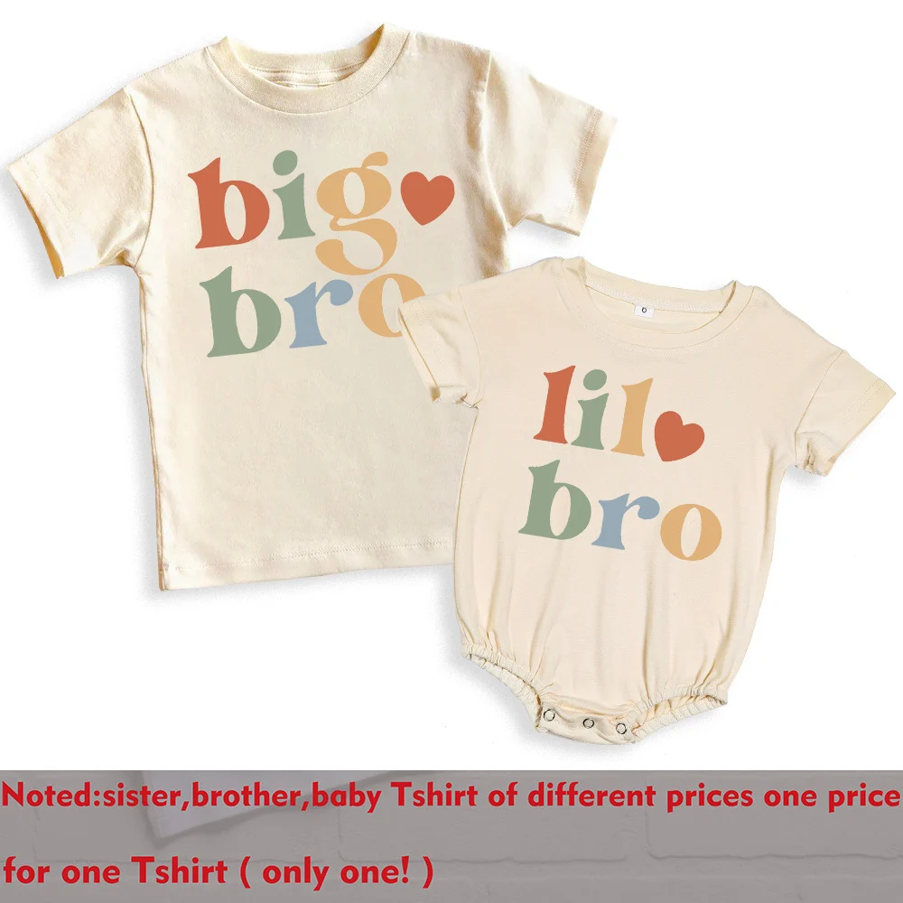 Big Brother Little Sister Printed Shirt Retro Sibling Matching Clothes Kids Short Sleeve T-shirt Tops Baby Large Bubbles Romper 4