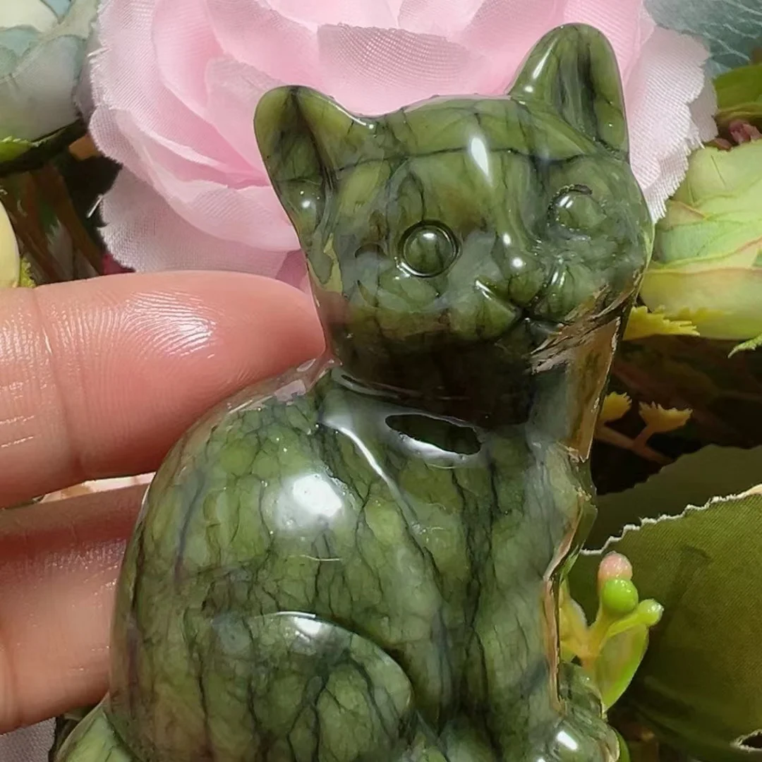 

6 см натуральные Исцеляющие Кристаллы ручной работы зеленый цвет hsiuyen нефритовый Кот резьба ремесла для украшения