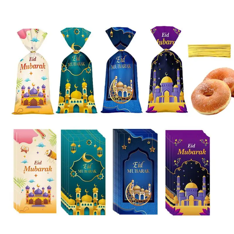 

50pcs Eid Mubarak Gift Bags Eid Gift Pouches Plastic Candy Cookie Bag Cellophane Treat Bags Ramadan Kareem Decoration 2024