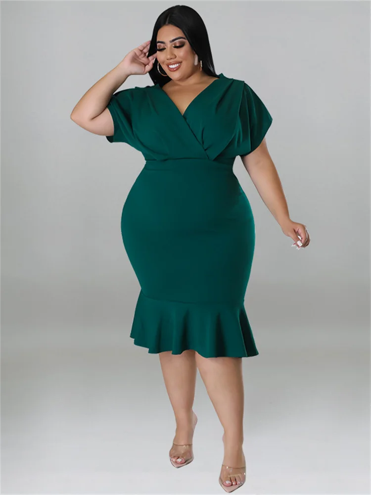 Wmstar Plus Size Dresses for Women Summer Solid V Neck Ruffles Hem Elegant Midi Dress Hot Sale New Style Wholesale Dropshipping