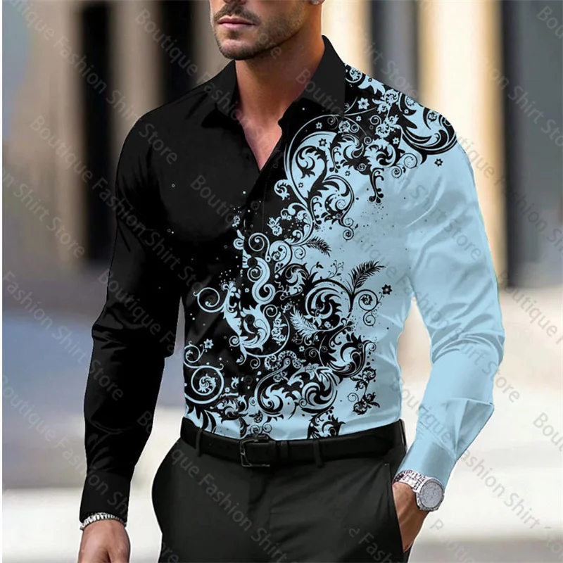 thumbnail image 1 of Camisa formal informal de negocios con diseño floral para hombre, camisa con botones para fiesta, uso diario, primavera y verano, solapa, manga larga, 11 colores, tela suave, 1 of 5