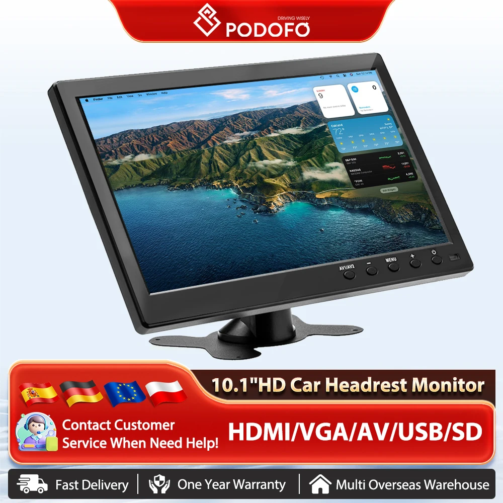 Podofo-pantalla LCD para coche de 10,1 pulgadas, reproductor de DVD, Monitor, diseño delgado, revestimiento UV, compatible con HDMI, VGA, AV, puerto USB SD para monitoreo 1