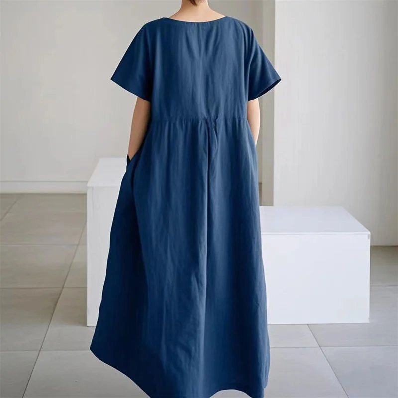 Hochgeschnittene Modische Übergröße-Kleider für Damen Baumwolle Leinen Locker Lässig O-Ausschnitt Pullover-Kleid Einfarbiges Plissiertes Kleid – Detail 25